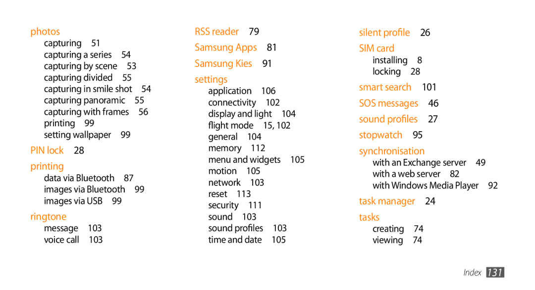 Samsung GT-S5330HKAXEZ, GT-S5330CWADBT, GT-S5330CWAVIA, GT-S5330HKADBT manual 103, 106, 112, With Windows Media Player  